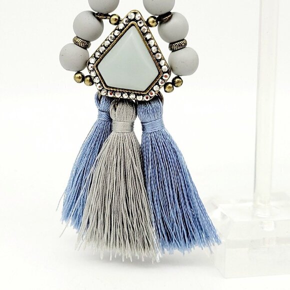 Long Boho Beaded Tassel Earrings Blue Gray Dangles Antiqued Gold Tone Pierced - Picture 3 of 5